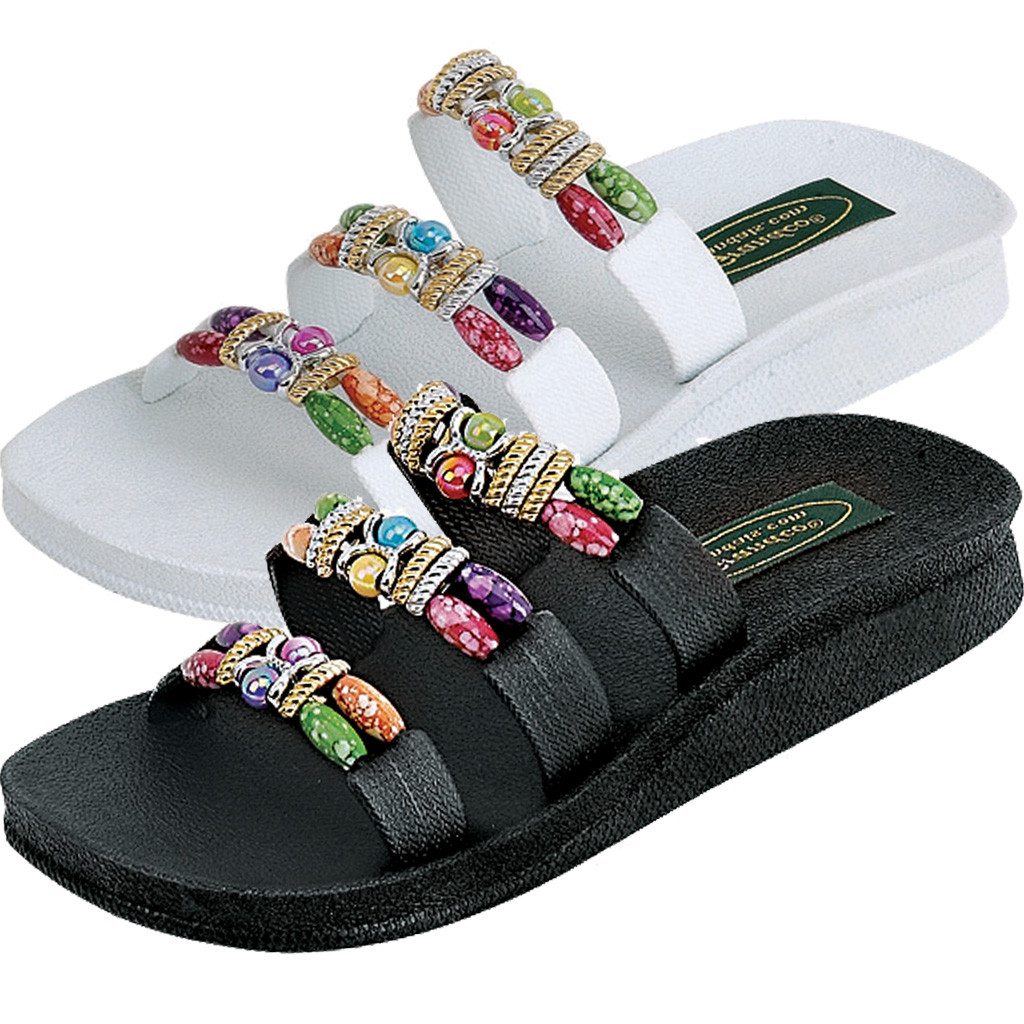 Grandco Sandals Classic Slide -3 Band Beaded Slide Sandals in Black or White Sole - 22589
